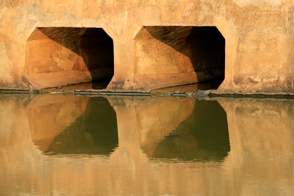 Rustic concrete tunnels casting mirrored reflections in calm water, creating a symmetrical visual effect.