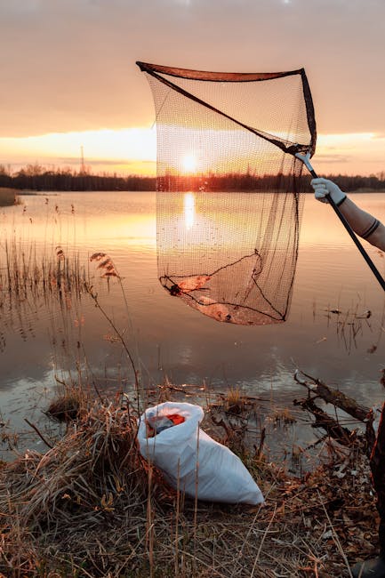 A person cleans litter from a lake at sunset, highlighting environmental conservation.