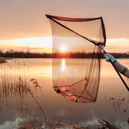 A person cleans litter from a lake at sunset, highlighting environmental conservation.